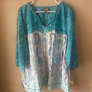 Chico's 100% Cotton Teal and White Paisley Tunic, Sequins, Tassels,Button Sleeve
